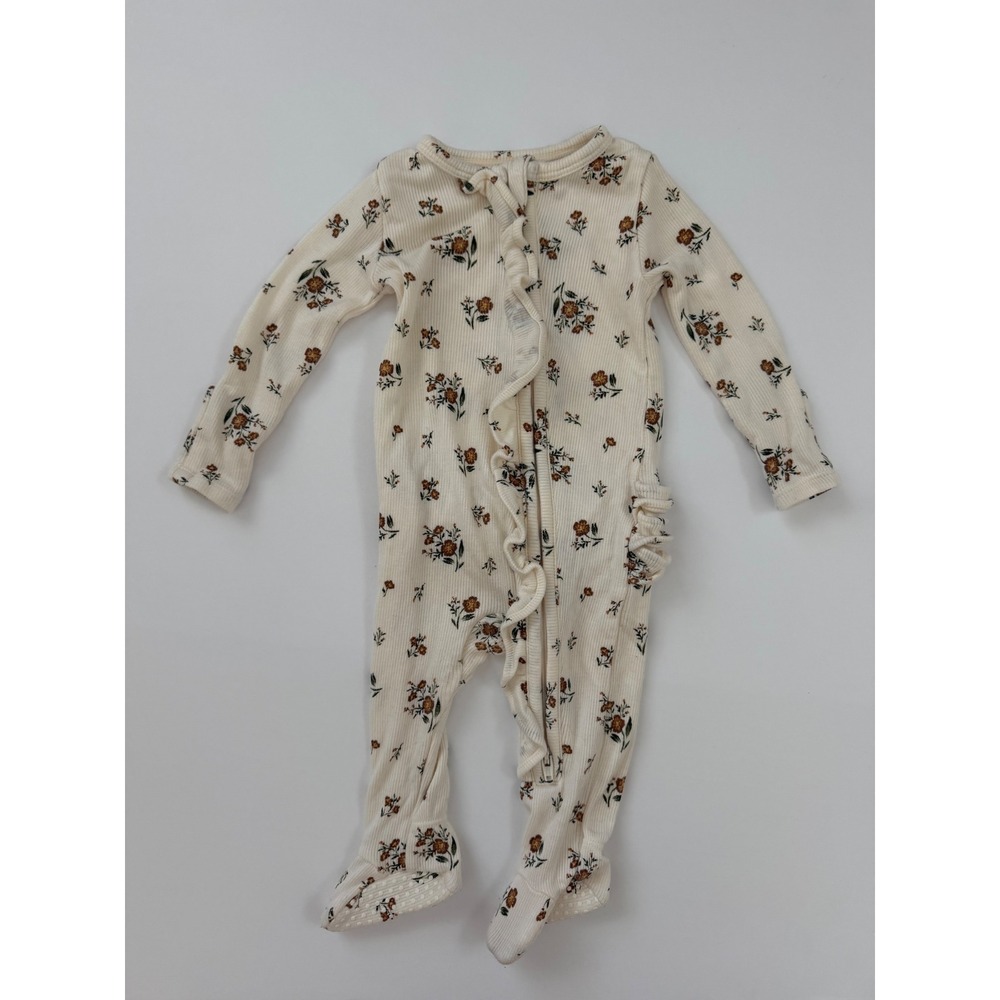 Angel Dear Floral Ribbed Ruffle Footie Sleeper Cream Brown 0-3M